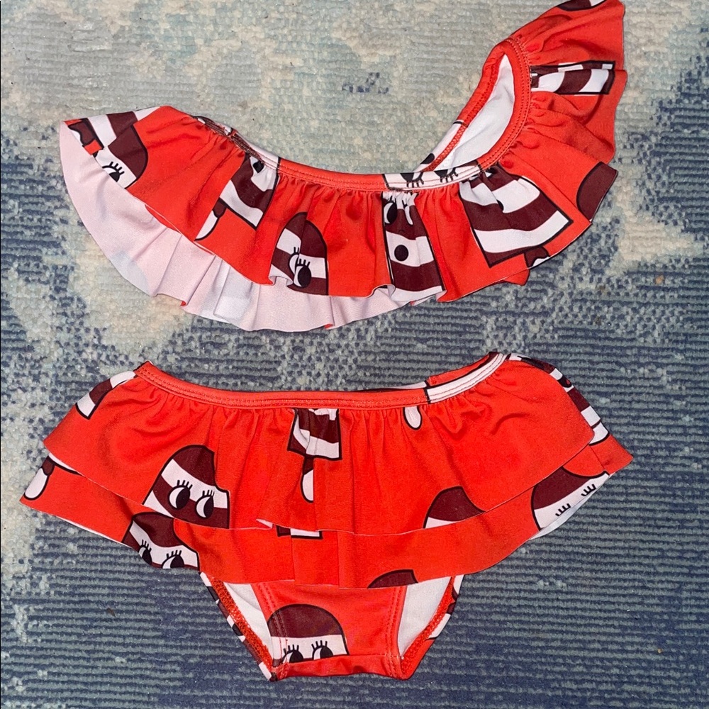 HUGO Red Ruffle Two-Piece Swim Set with Playful Eye Print
